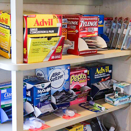 Shelves of varying over the counter medications.